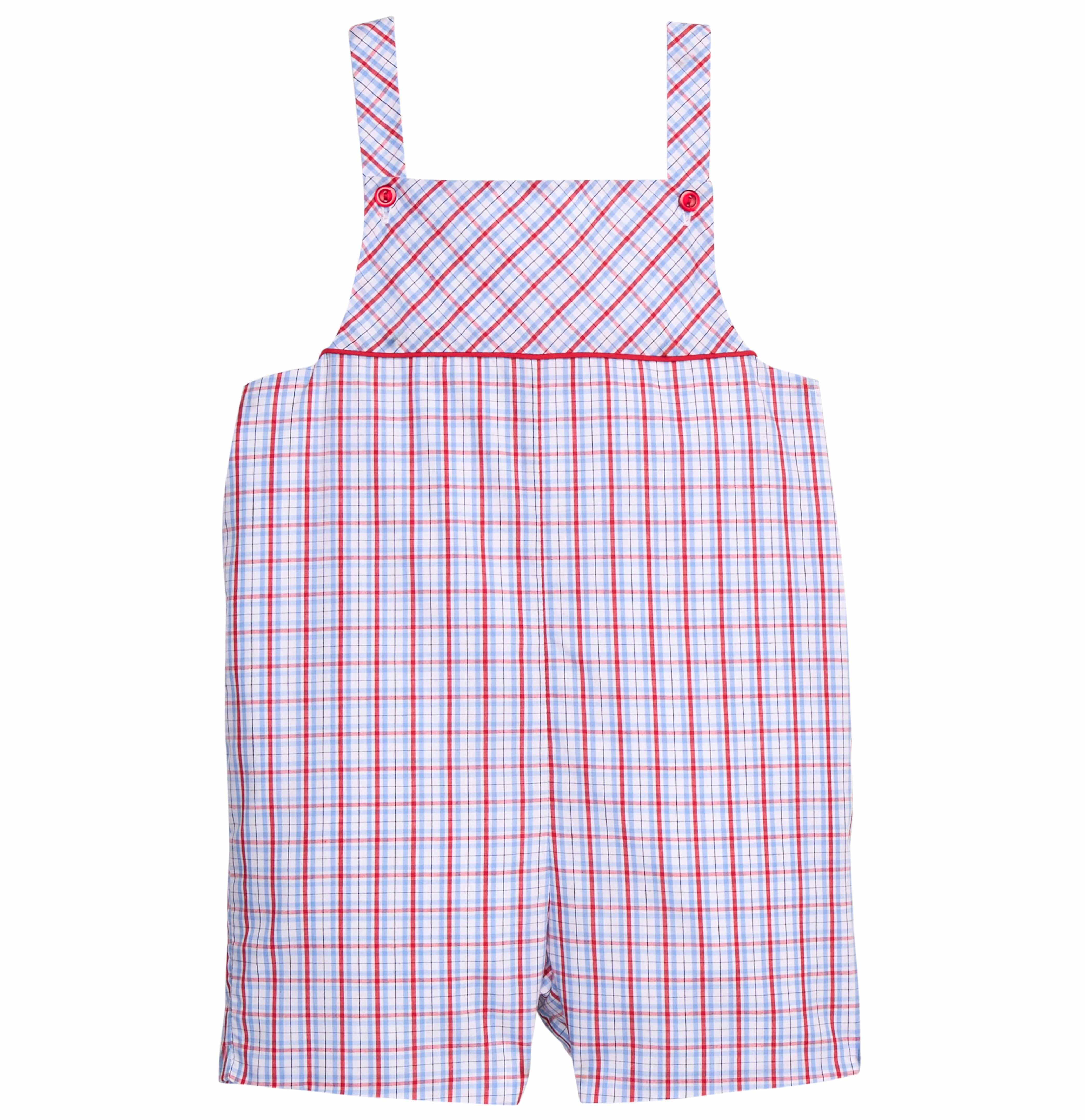 Little English traditional children's clothing.  Patriotic red and blue plaid shortall for toddler boys.  Boy's 4th of July outfit.