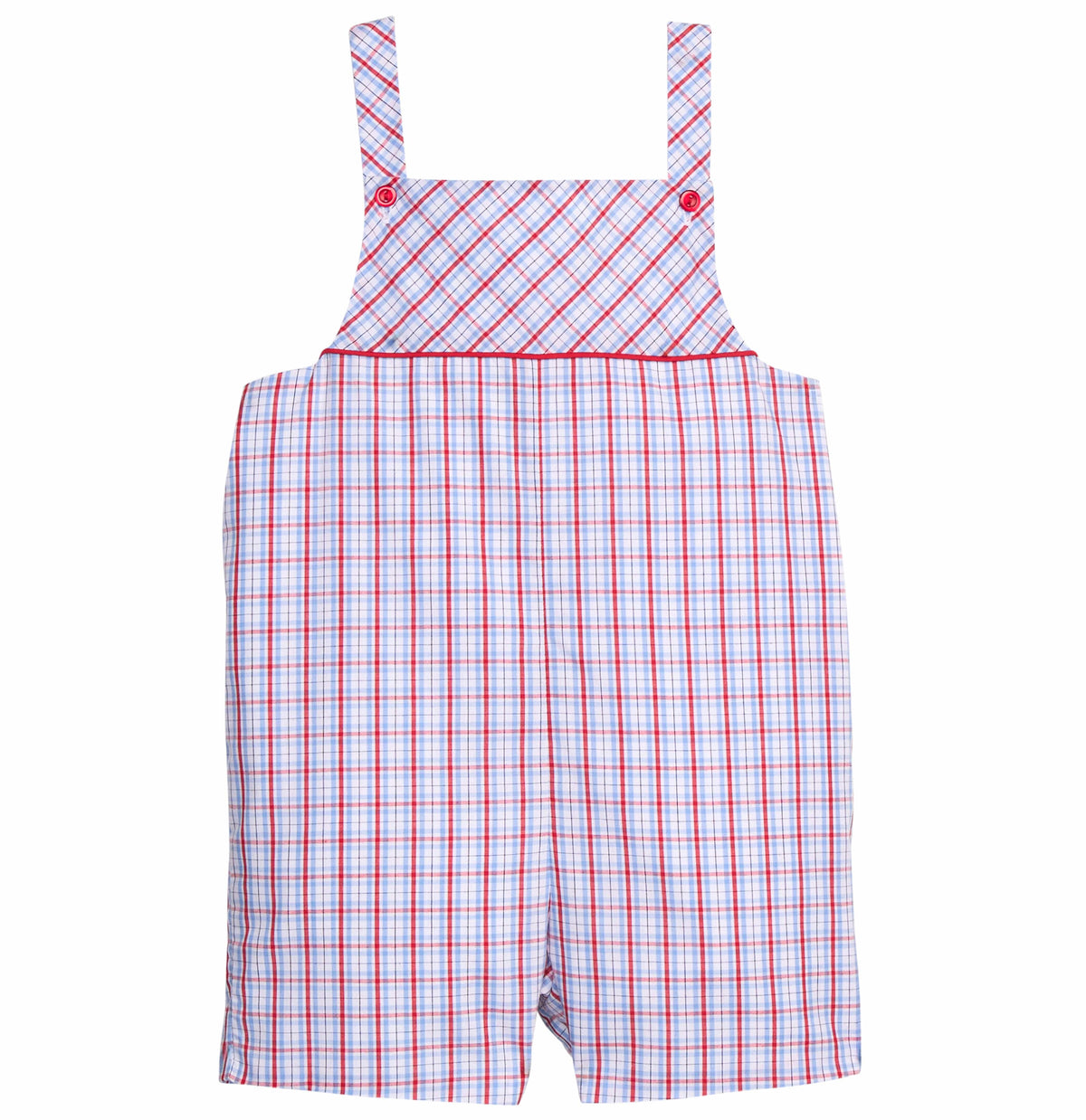 Little English traditional children's clothing.  Patriotic red and blue plaid shortall for toddler boys.  Boy's 4th of July outfit.