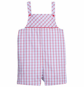 Little English traditional children's clothing.  Patriotic red and blue plaid shortall for toddler boys.  Boy's 4th of July outfit.