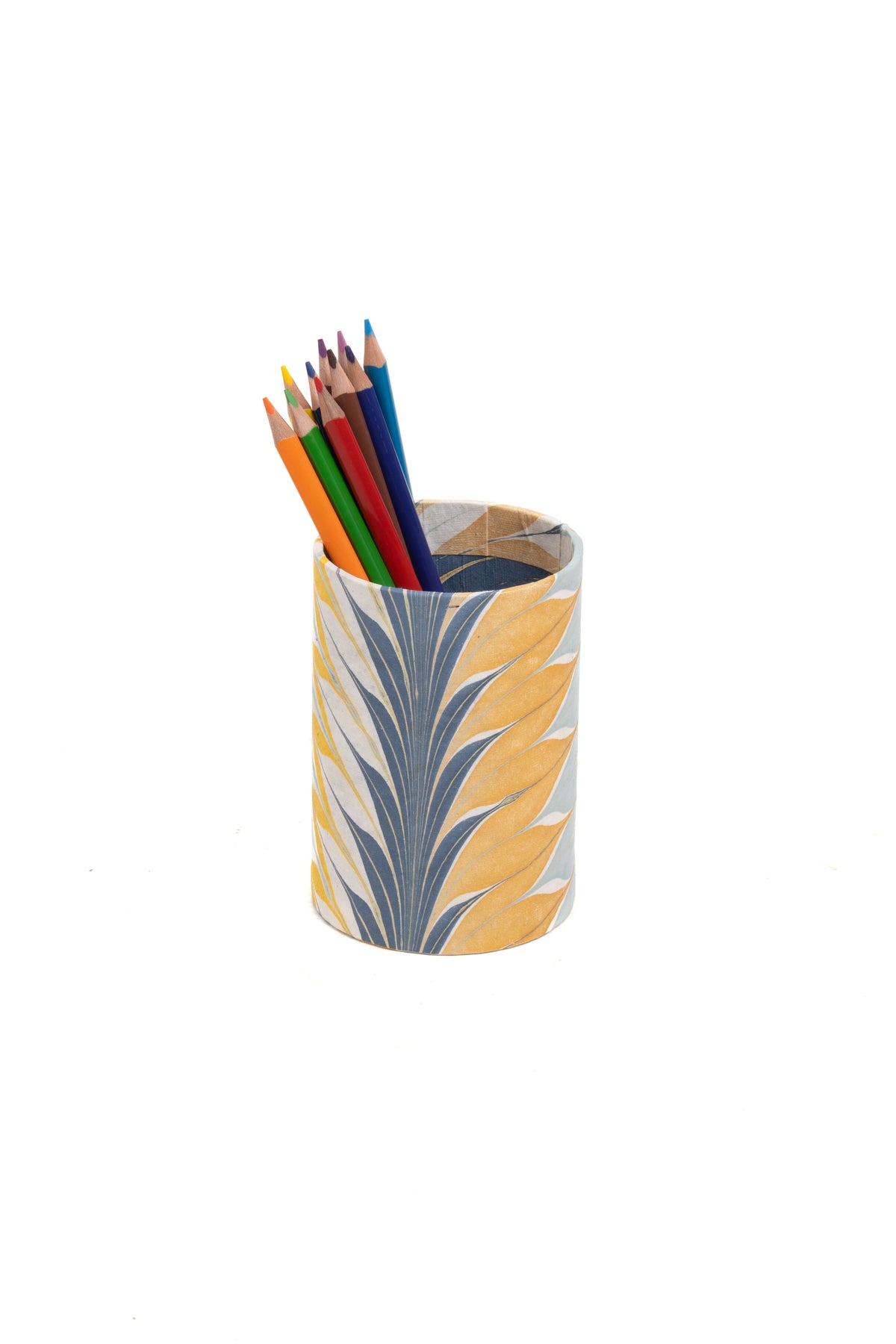Hand-Marbled Desk Tray & Pencil Holder Organizer in Golden Blue Marbling