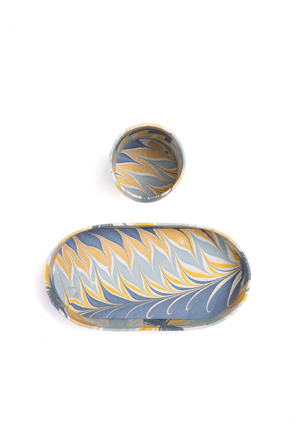 Hand-Marbled Desk Tray & Pencil Holder Organizer in Golden Blue Marbling