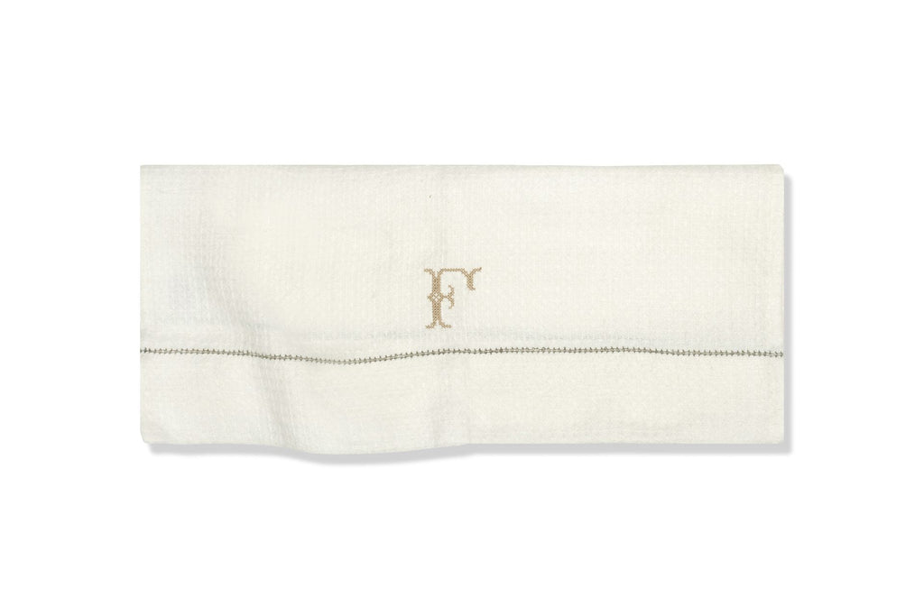 Liege Hand Towel in Ivory White Waffle with Olive Green Hemstitch
