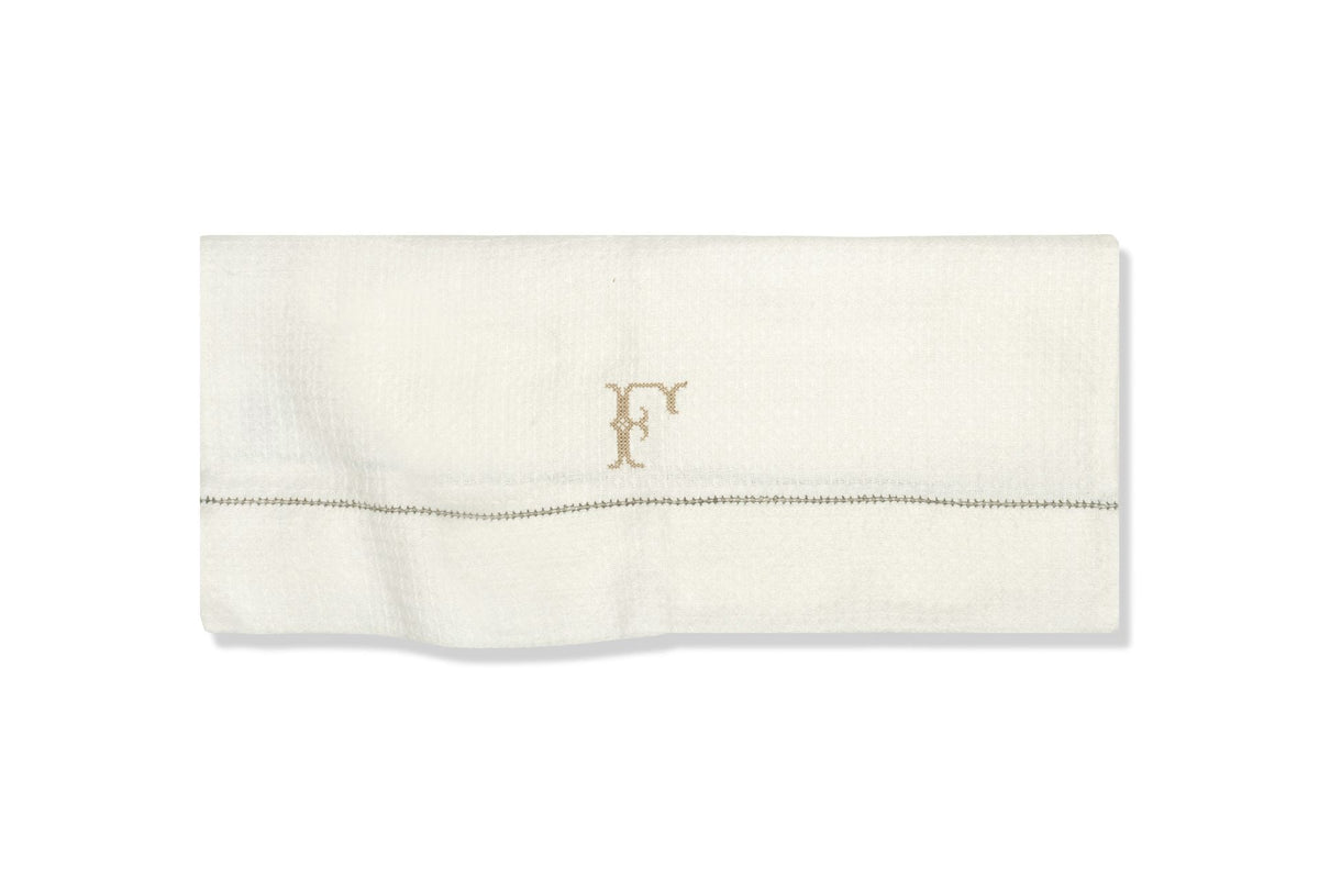Liege Hand Towel in Ivory White Waffle with Olive Green Hemstitch
