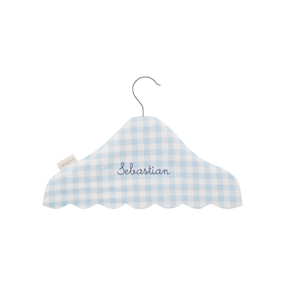 Children's Hanger in Blue Gingham with "Sebastian" embroidered on front. 