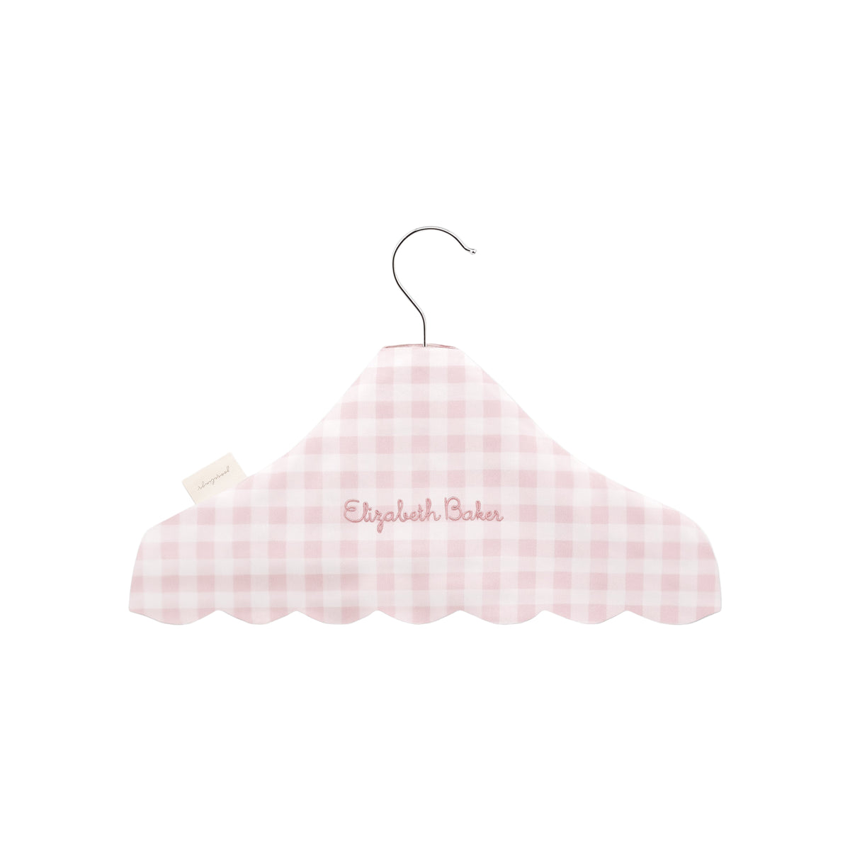 Children's Hanger in Pink Gingham with "Elizabeth Baker" embroidered on front. 