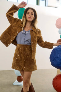 The Dottie Mini Skirt in Saddle paired with matching Hanlin Jacket and Valene Blouse. 