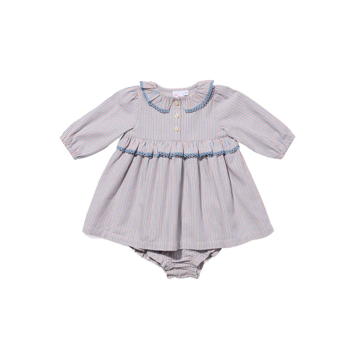 Front view of Hannah Baby Dress in Indigo Linen Stripe with matching bloomers, ruffled collar and lace trim on white background