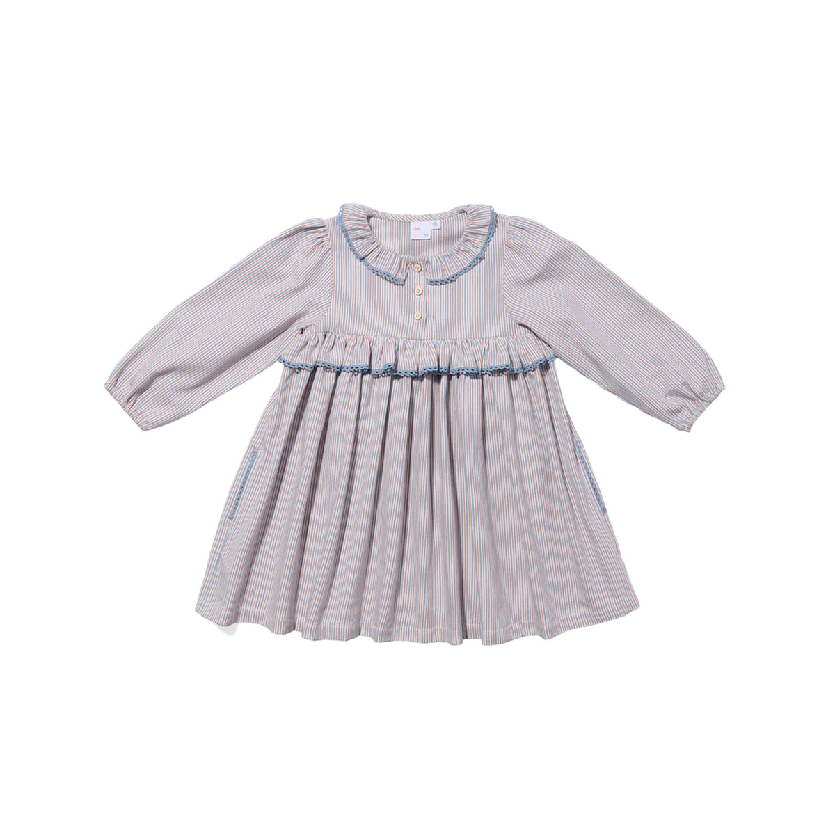 Front view of Hannah Dress in Indigo Linen Stripe showcasing ruffled collar, lace trim, and front buttons with a white background
