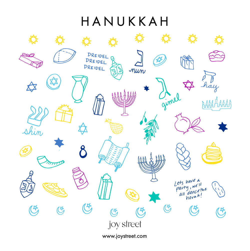 Illustration showing a hand-drawn Hanukkah print with menorahs, dreidels, gelt, gifts, Stars of David, HANUKKAH headline and Joy Street logo