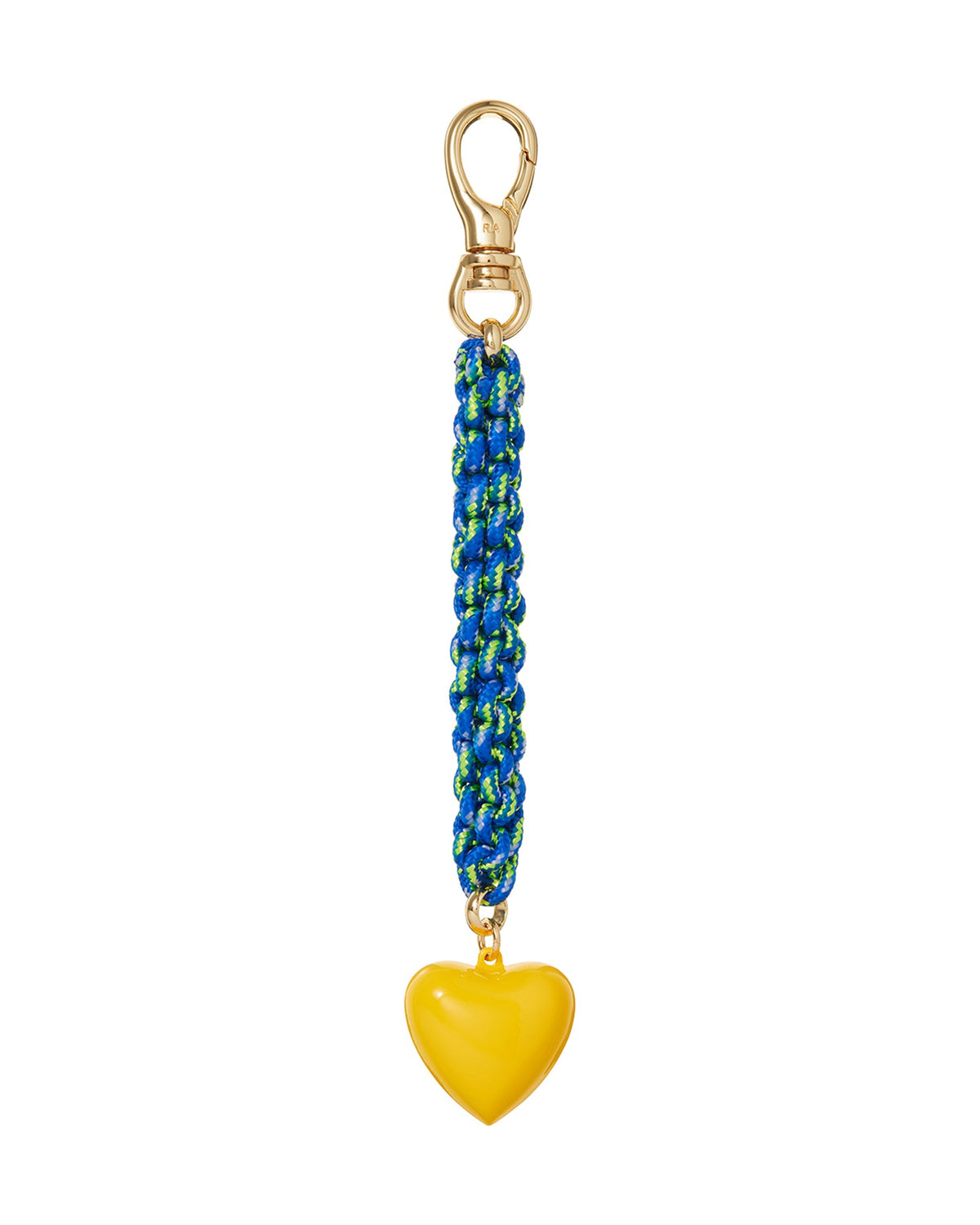 Front view of The Happy Cord Bag Charm showcasing a blue beaded cord and yellow enamel puffy heart with a white background