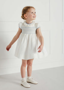 Ivory Hand Smocked Occasion Dress with Blue Details (6mths-8yrs) Dresses from Pepa London