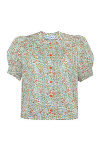 The Hartley Top in Coral Multi, puff sleeve blouse with coral buttons.