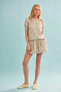 The Hartley Top in Coral Multi, puff sleeve top with coral buttons paired with matching Jemma Short.