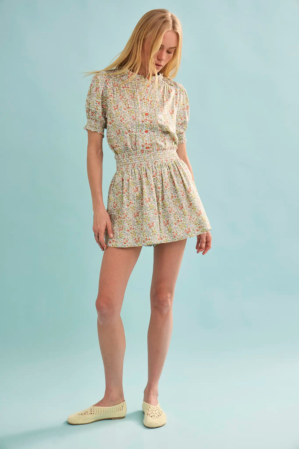 The Hartley Top in Coral Multi, puff sleeve top with coral buttons paired with matching Jemma Short.