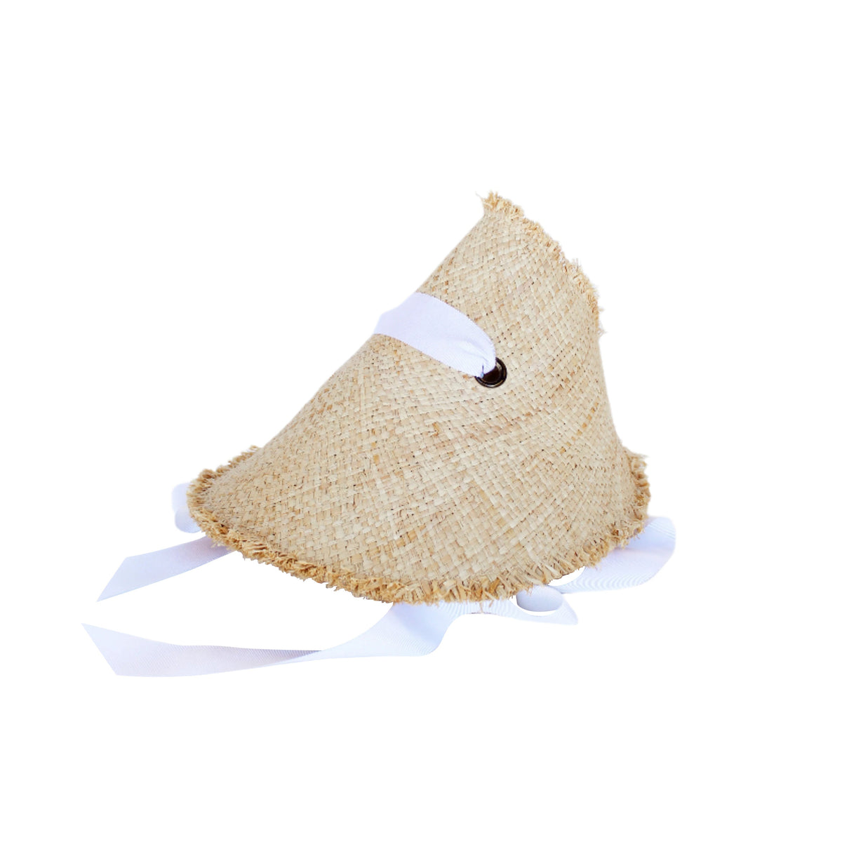 Close up view of Megaphone Hat in Natural and White showcasing raffia weave and white ribbon trim with a white background
