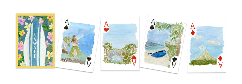 Front view of Hawaii playing cards showcasing watercolor scenes of beaches, palms, a hula dancer, swimmer, and mountain on white