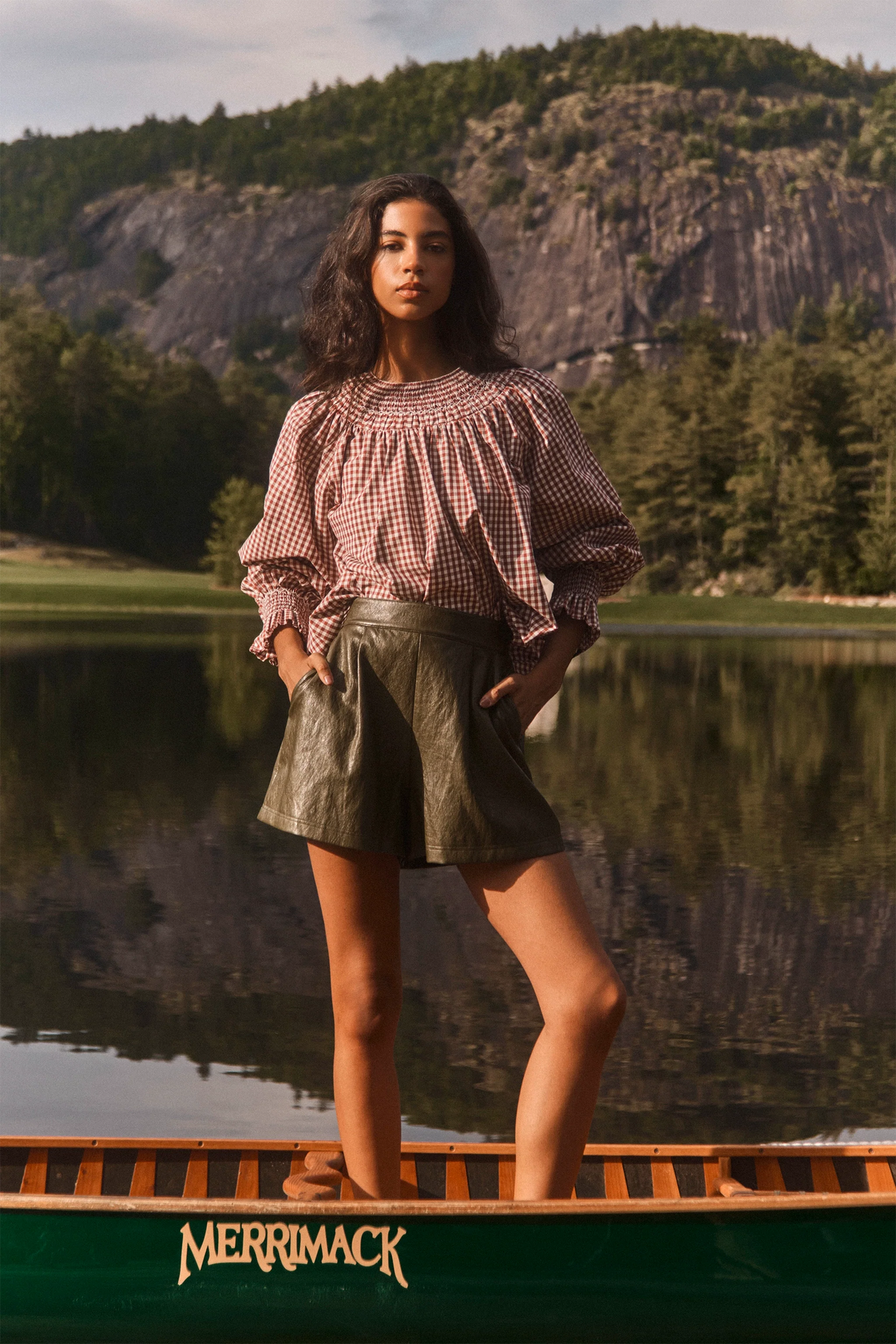The Hayes Top in Cotswold Check Rust paired with Ashton Short in pine grove. 