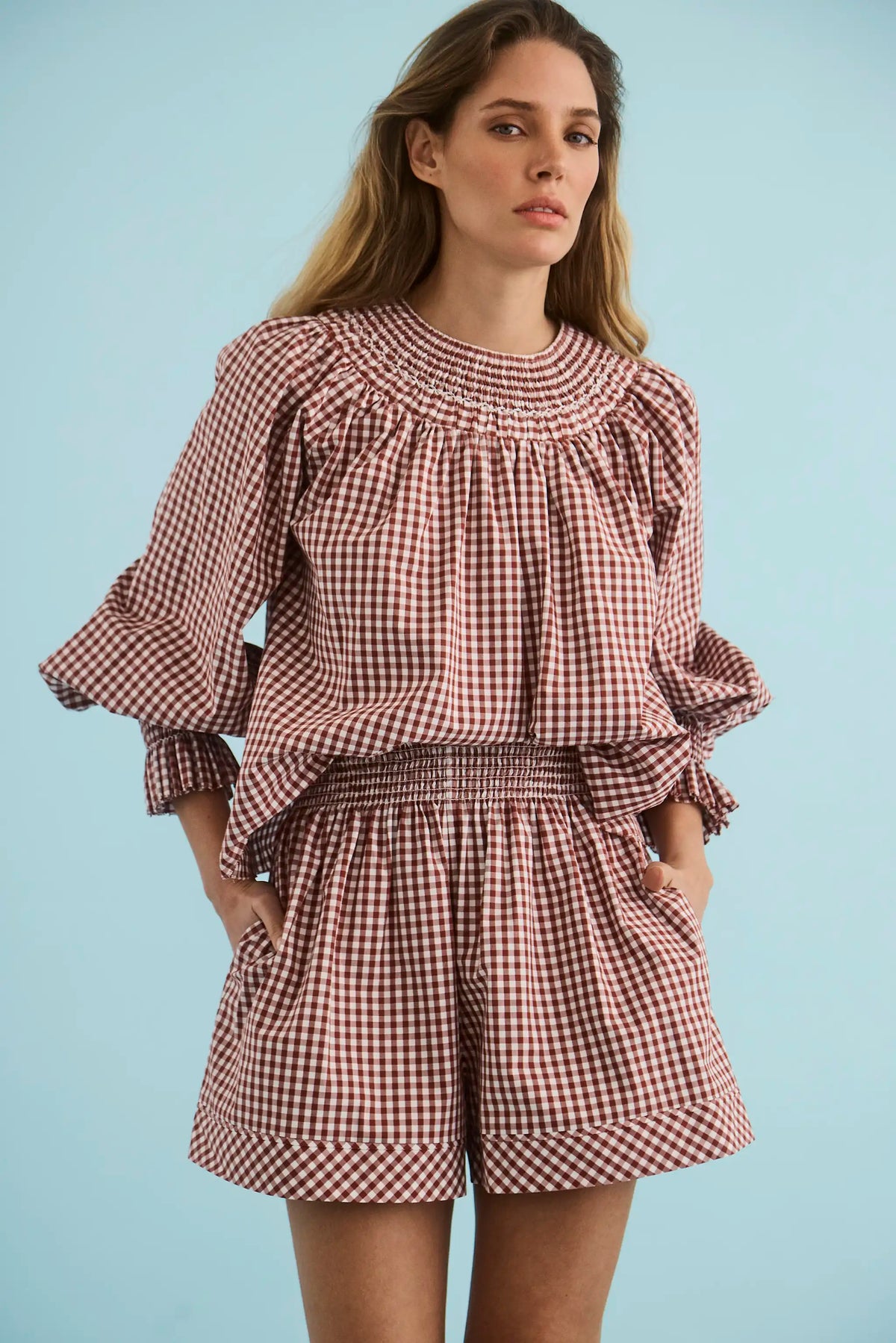 The Hayes Top in Cotswold Check Rust paired with matching Jemma Shorts.