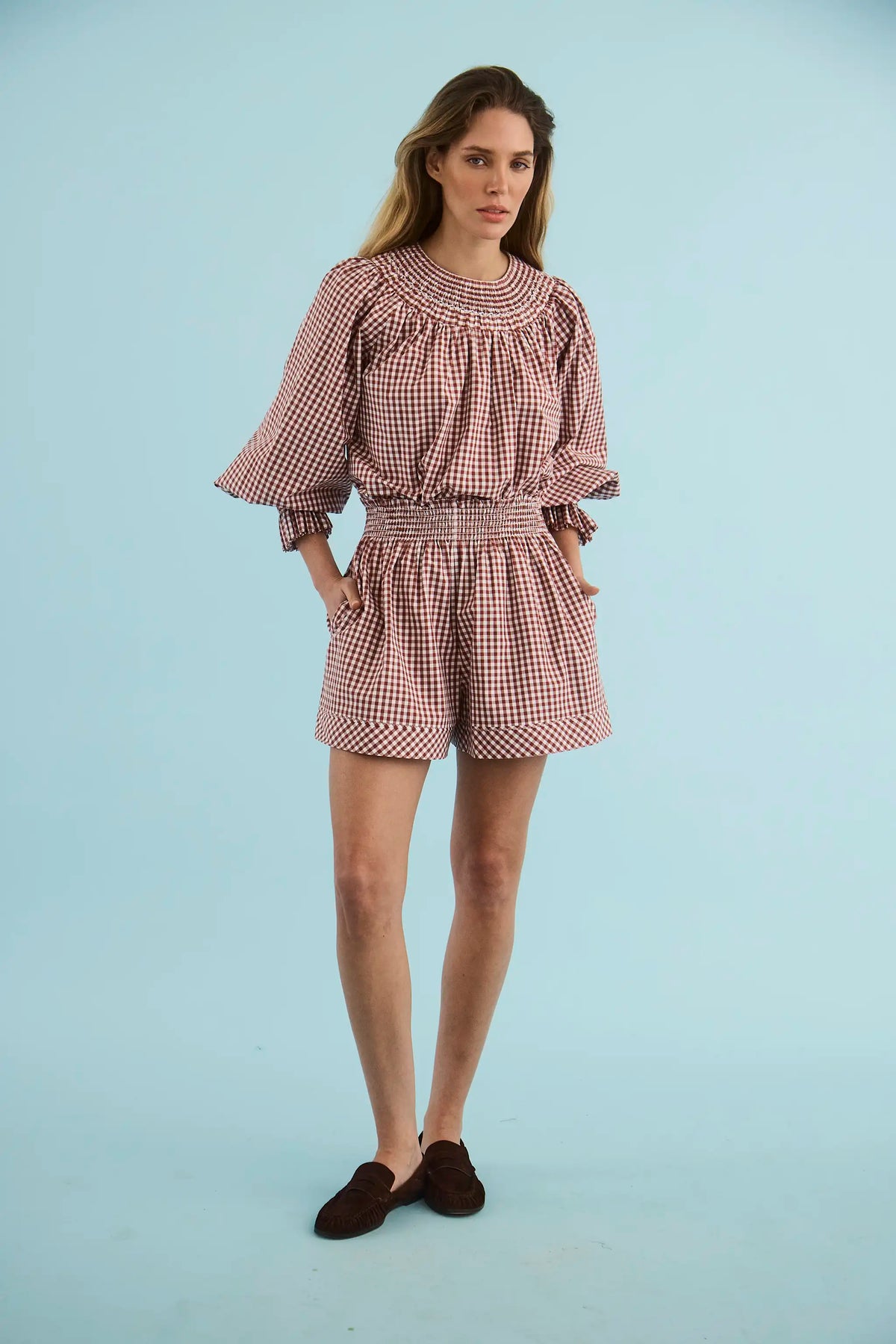 The Hayes Top in Cotswold Check Rust paired with matching Jemma Shorts.