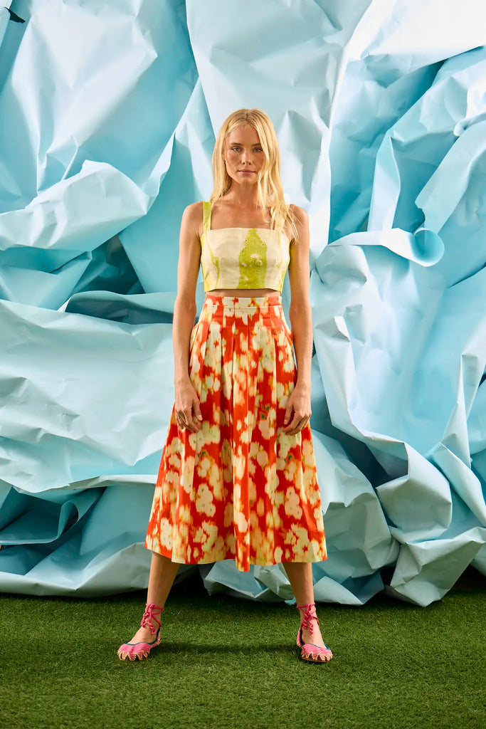 Linen crop top with yellow and white tie-dye with thin adjustable straps & clean back center zipper