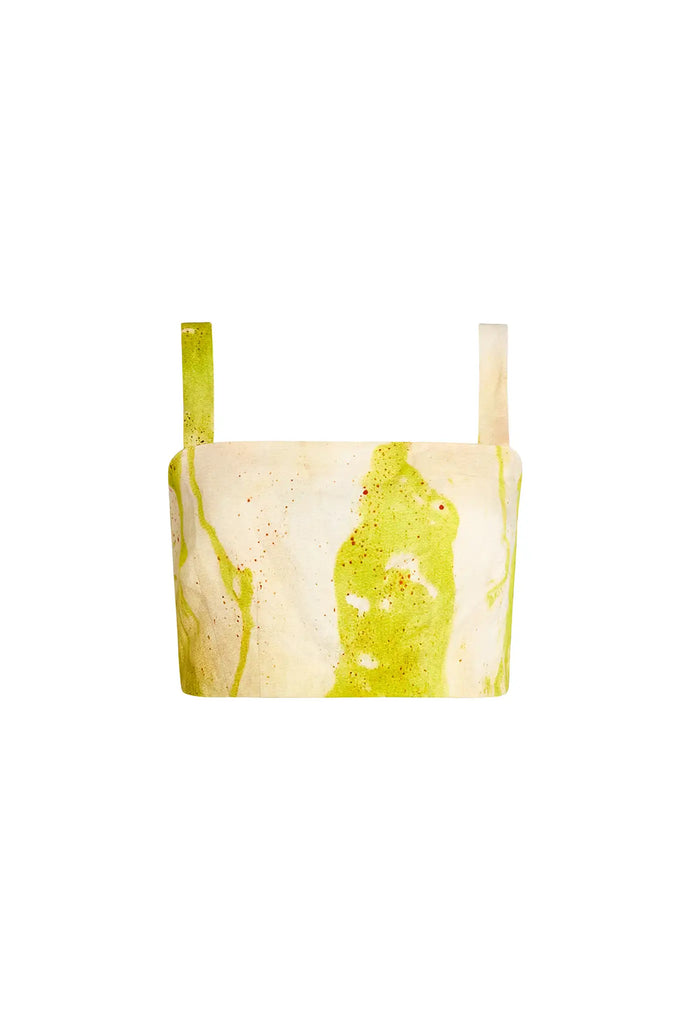 Linen crop top with yellow and white tie-dye with thin adjustable straps & clean back center zipper