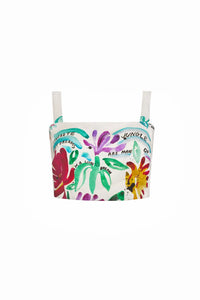 White crop top with colorful flowers printed with thin adjustable straps