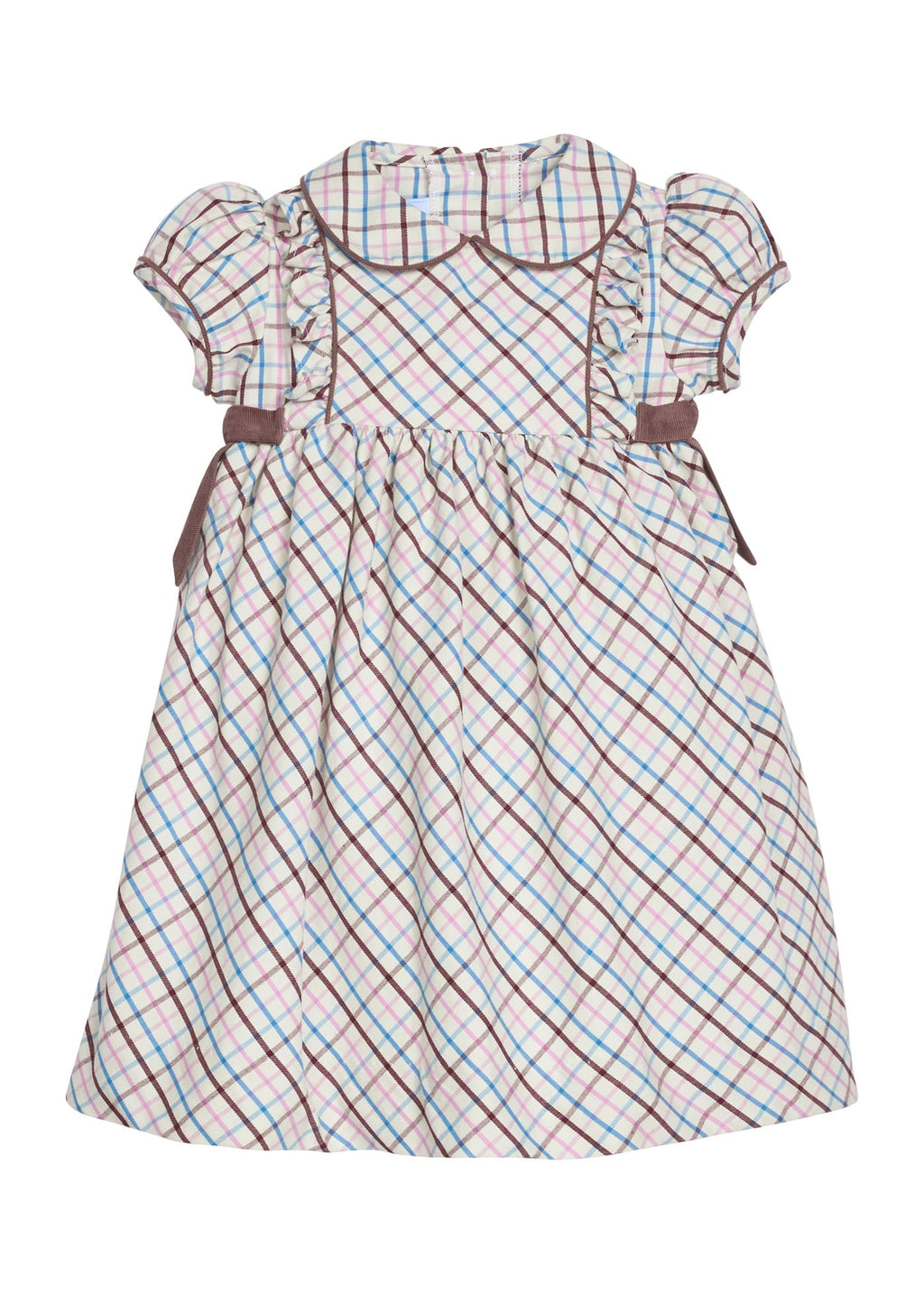 Little English traditional children's clothing. Short sleeve peter pan dress in blue, pink, and brown Wilmington Plaid with brown corduroy piping and bow details for little girls.