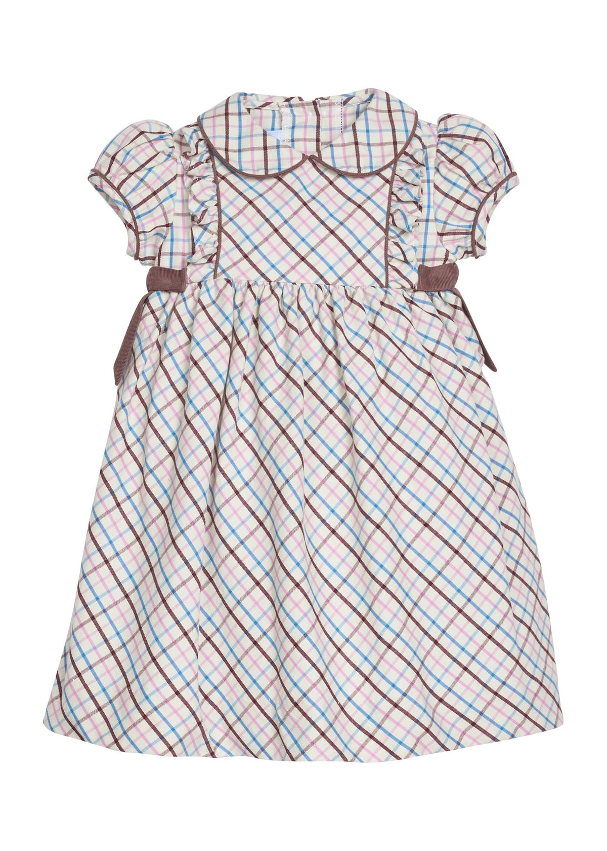 Little English traditional children's clothing. Short sleeve peter pan dress in blue, pink, and brown Wilmington Plaid with brown corduroy piping and bow details for little girls.