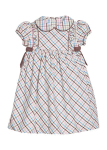 Little English traditional children's clothing. Short sleeve peter pan dress in blue, pink, and brown Wilmington Plaid with brown corduroy piping and bow details for little girls.