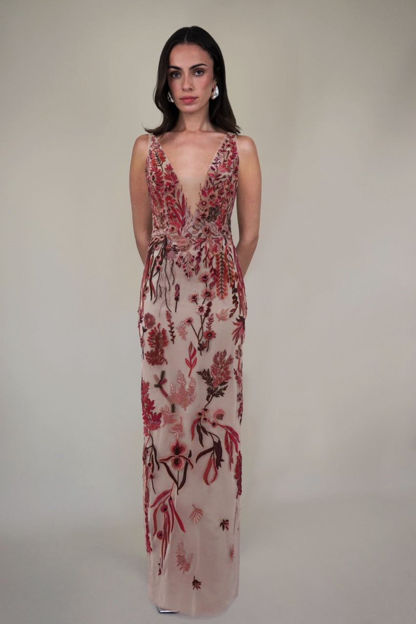 Underwater Wildflower Column Dress in Cranberry