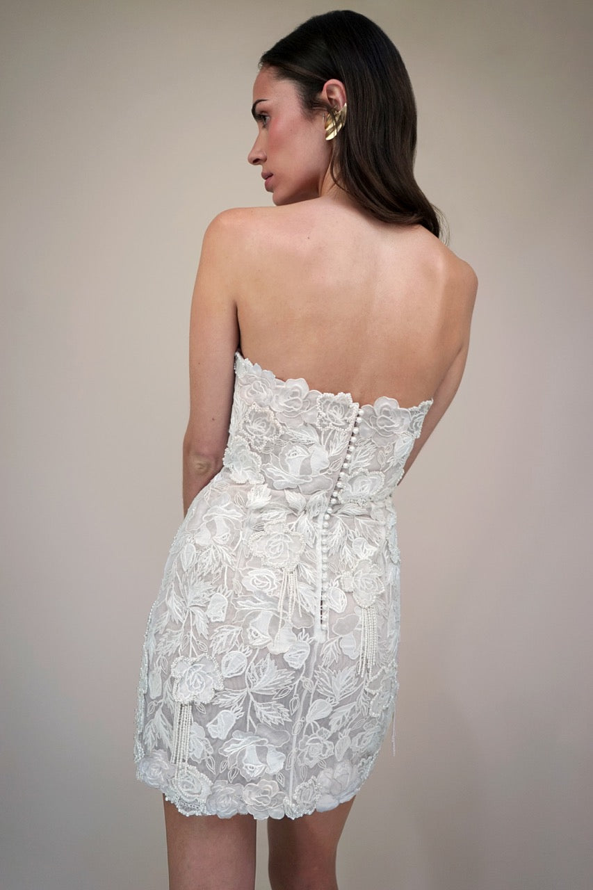 Back view of Wild Rose Pearl Tassel Mini dress showcasing strapless floral lace, pearl buttons and tassel details
