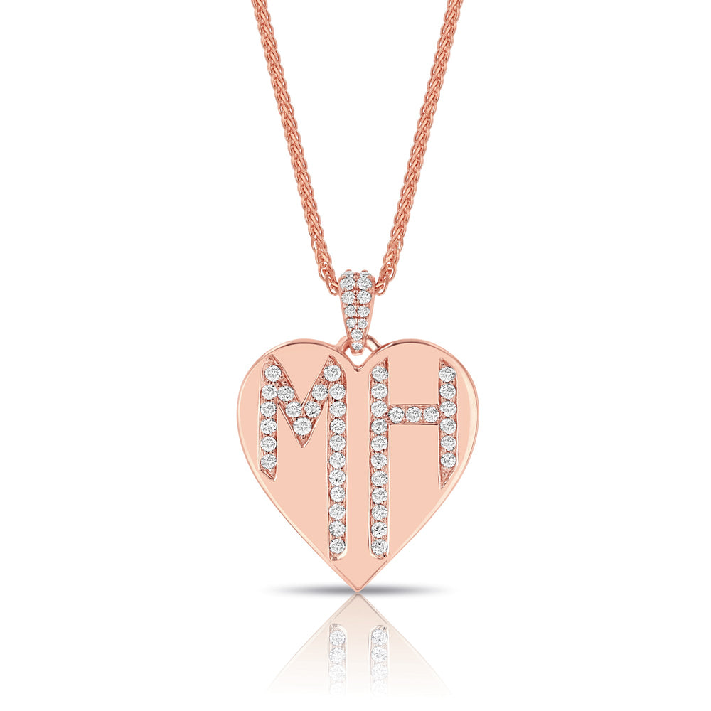 Front view of Dripping Letters Monogram Heart necklace in 14k rose gold with diamond-set initials MH on white background