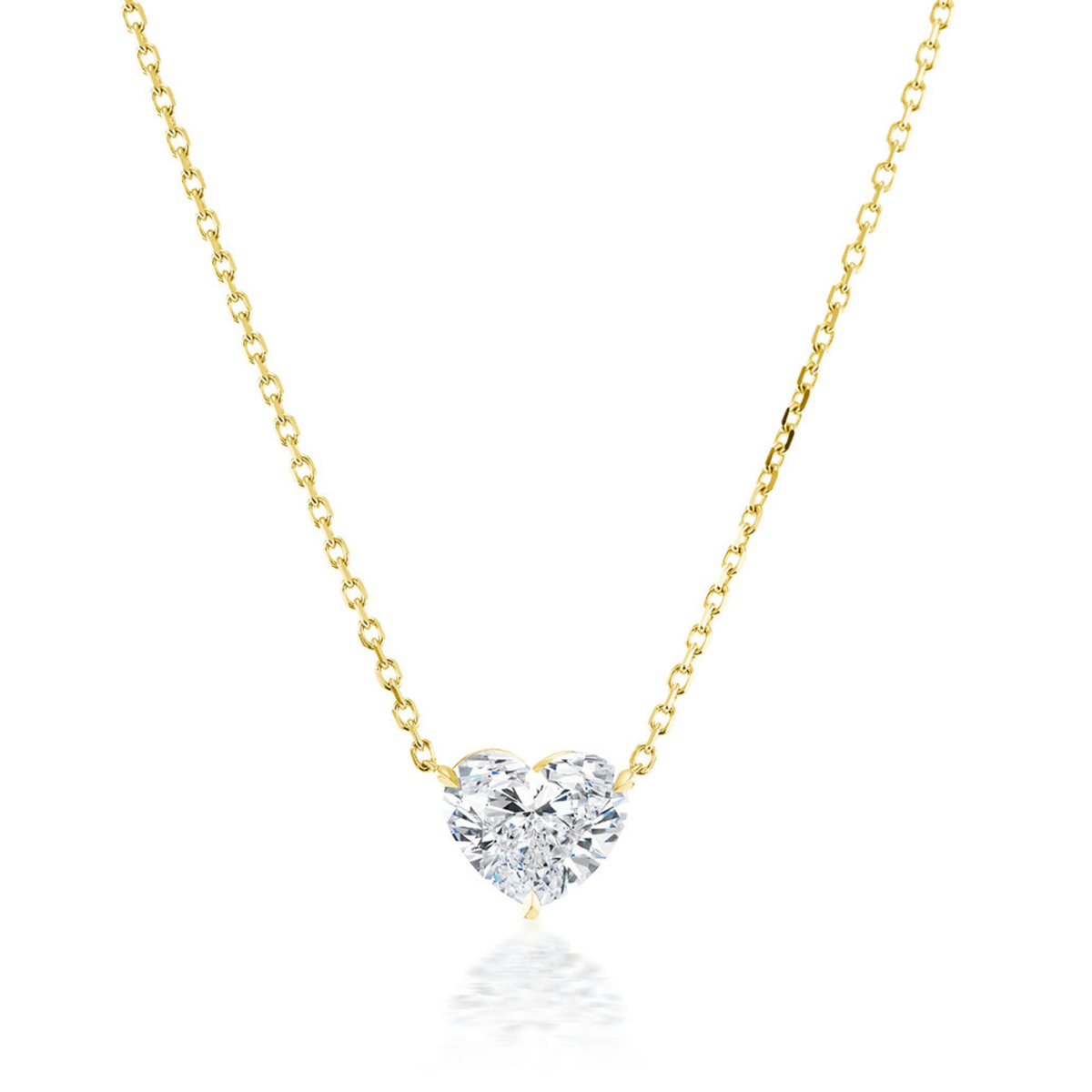 The Heart-Shaped Diamond Solitaire Pendant features a sparkling 1.71 carat heart-shaped diamond set in an elegant 18k gold necklace, shown against a plain white background.
