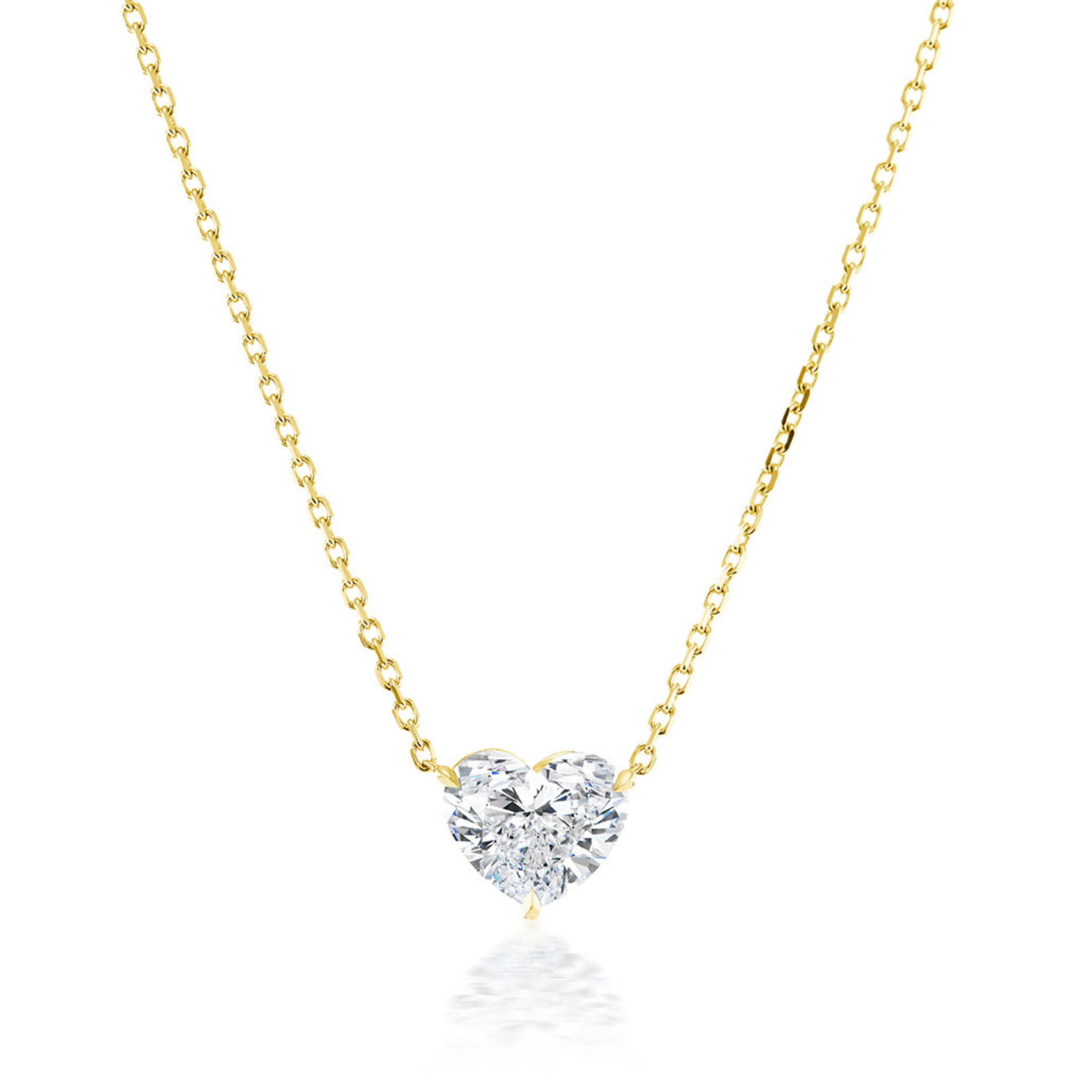 The Heart-Shaped Diamond Solitaire Pendant features a sparkling 1.71 carat heart-shaped diamond set in an elegant 18k gold necklace, shown against a plain white background.