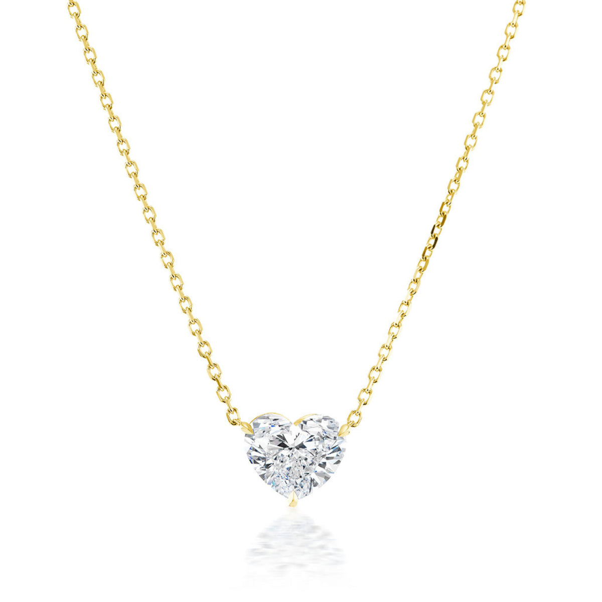 The Heart-Shaped Diamond Solitaire Pendant features a sparkling 1.71 carat heart-shaped diamond set in an elegant 18k gold necklace, shown against a plain white background.
