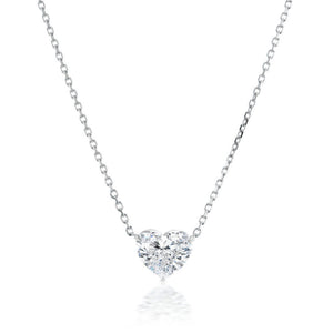 The Heart-Shaped Diamond Solitaire Pendant features a sparkling 1.71 carat diamond on a delicate silver chain, showcased against a white background.