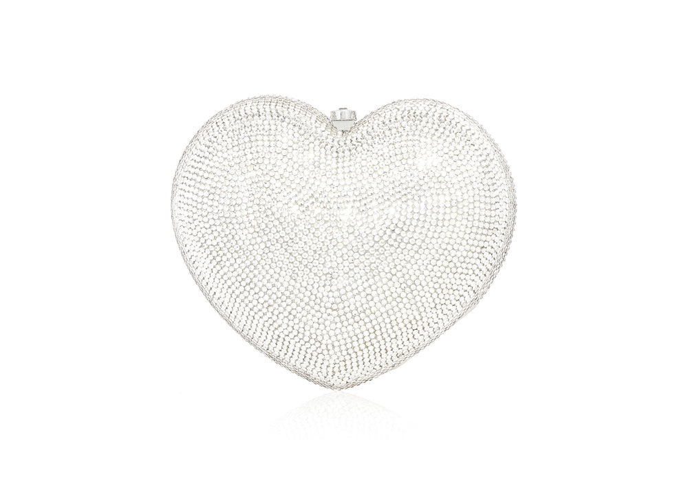 Front view of Petit Coeur L’amour Clutch in Silver showcasing its heart shape and fullbead crystal covering on a white background