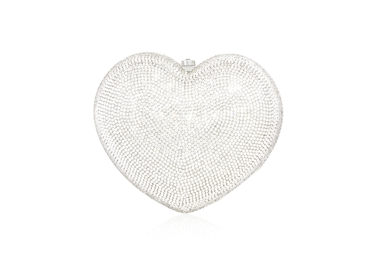 Front view of Petit Coeur L’amour Clutch in Silver showcasing its heart shape and fullbead crystal covering on a white background