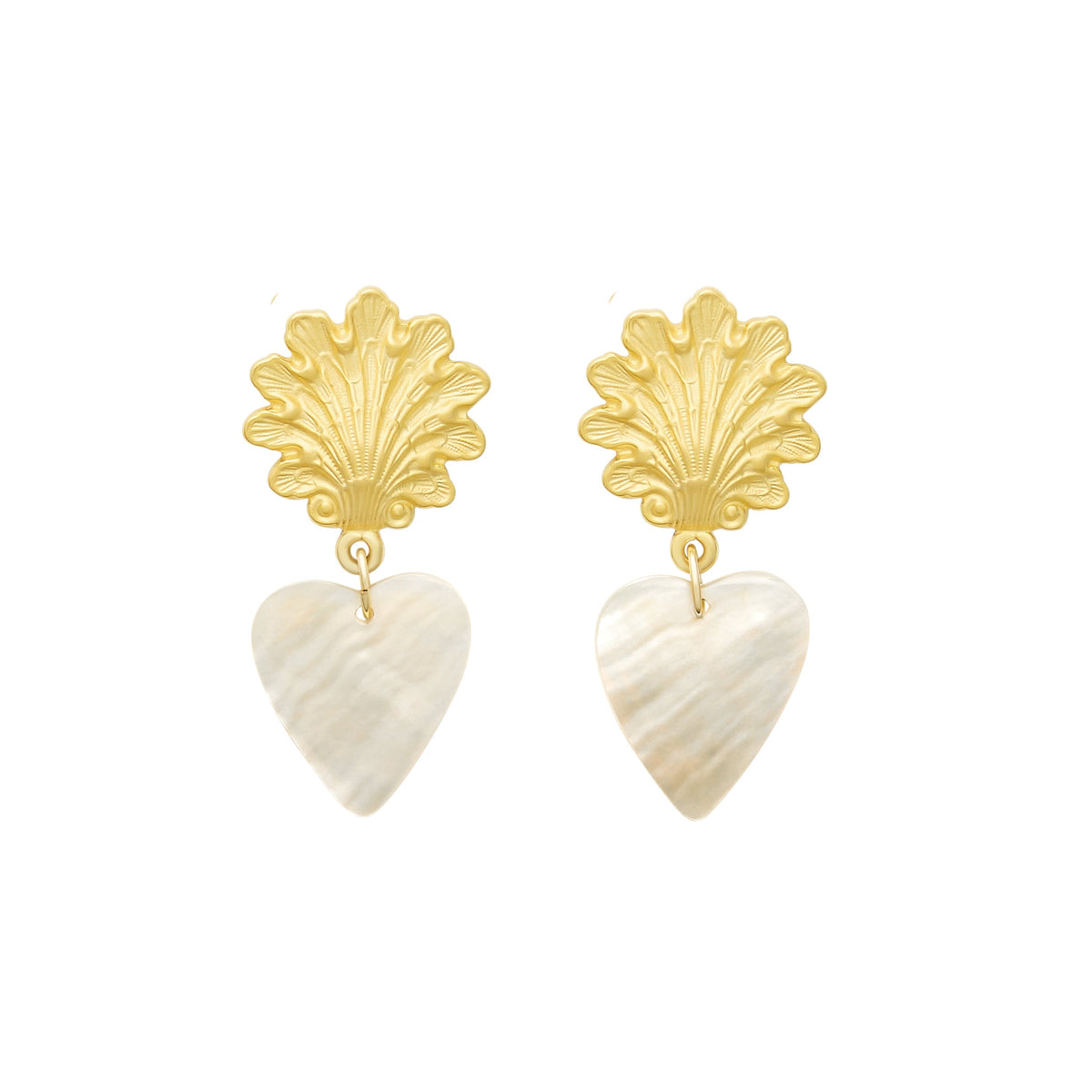 Front view of Heart To Heart earrings showcasing mother-of-pearl heart drops on 24K antique gold-plated fan toppers on white background