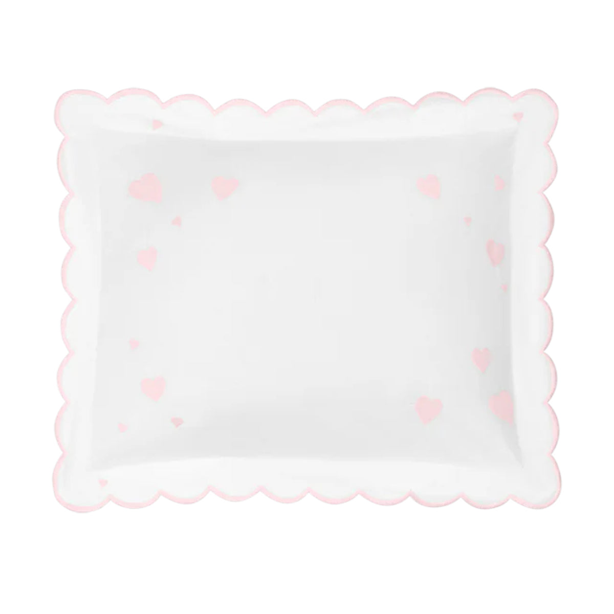 Top view of Hearts Mini Pillow showcasing scalloped pink edge and scattered pink heart motifs on white background