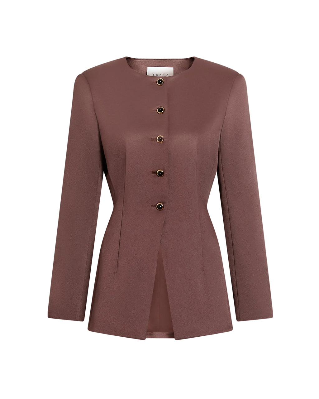 Front view of Heather Blazer in Chocolate showcasing gold buttons, crew neck, and center cutaway hem on a white background