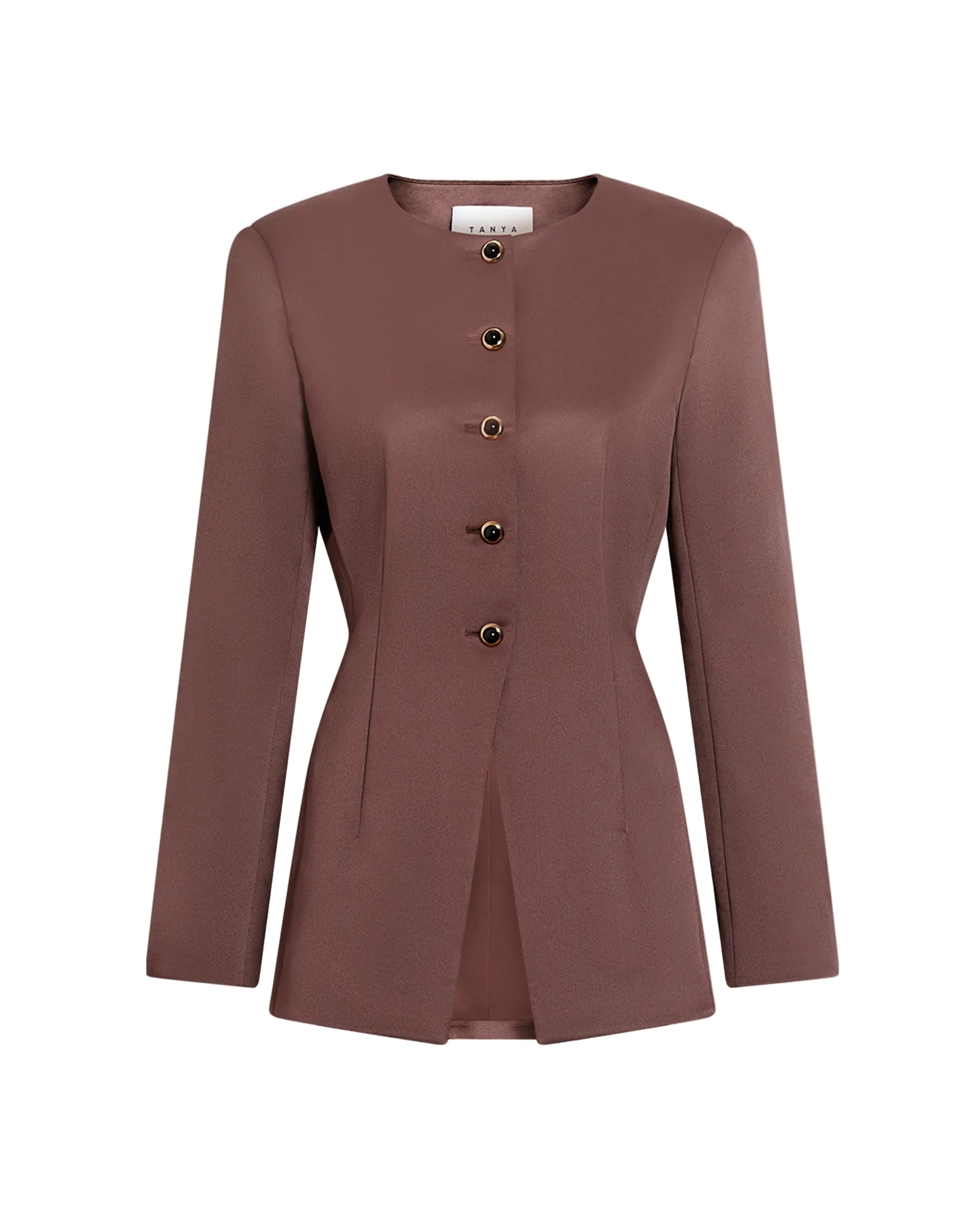 Front view of Heather Blazer in Chocolate showcasing gold buttons, crew neck, and center cutaway hem on a white background
