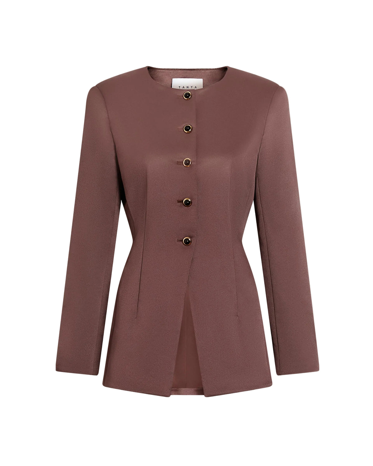 Front view of Heather Blazer in Chocolate showcasing gold buttons, crew neck, and center cutaway hem on a white background