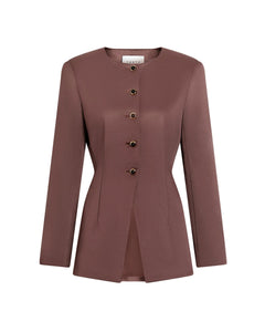 Front view of Heather Blazer in Chocolate showcasing gold buttons, crew neck, and center cutaway hem on a white background