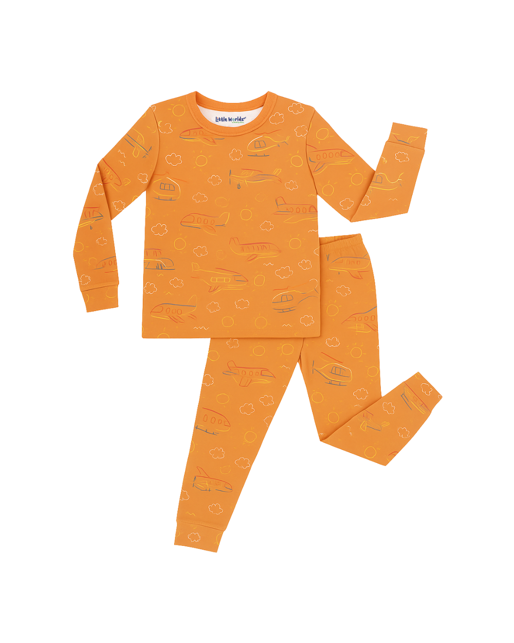 Flat lay of Helicopter bamboo pajama set showing orange helicopter print long-sleeve top and matching pants on white background