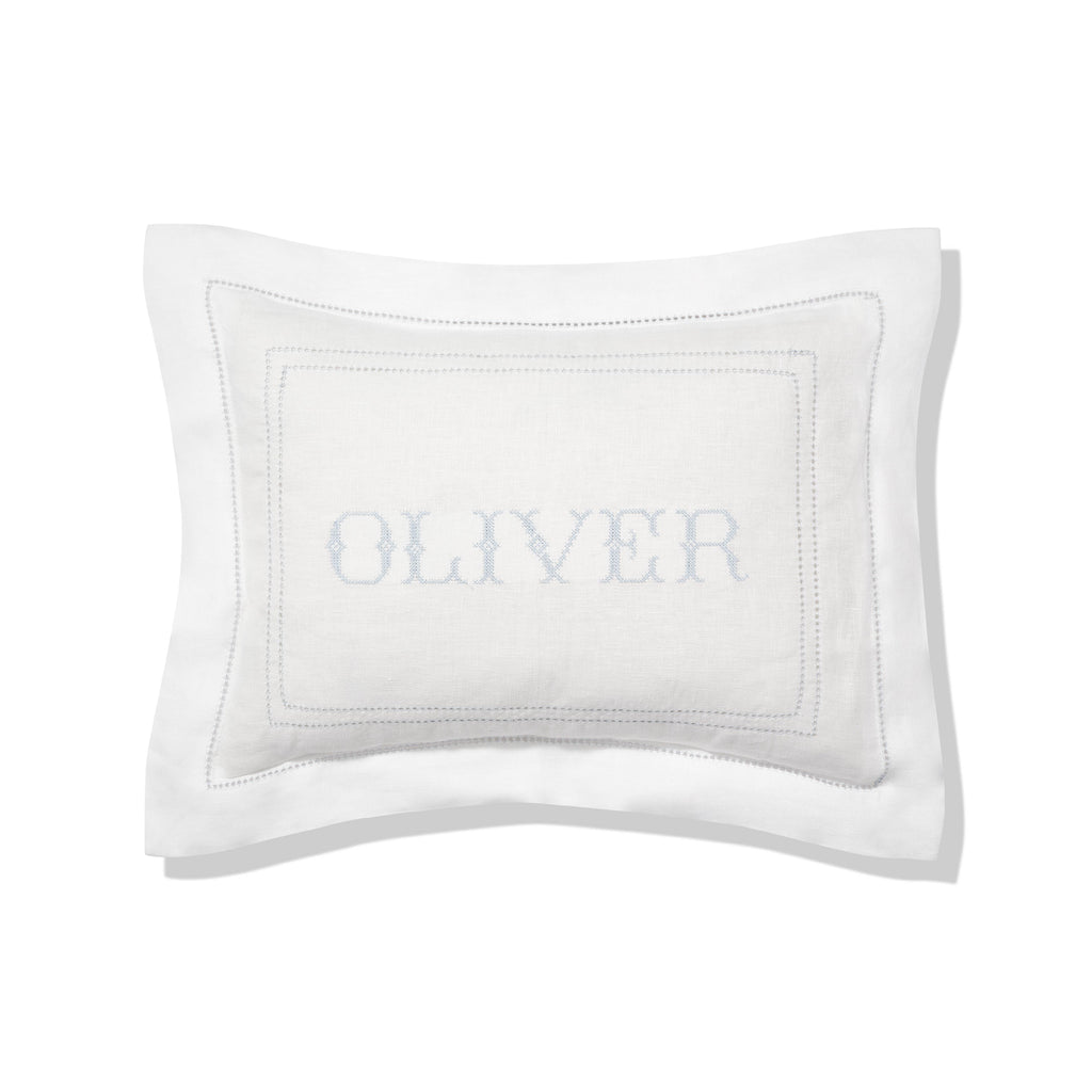Elizaveta personalised boudoir pillow in chambray blue hemstitch