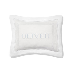 Elizaveta personalised boudoir pillow in chambray blue hemstitch