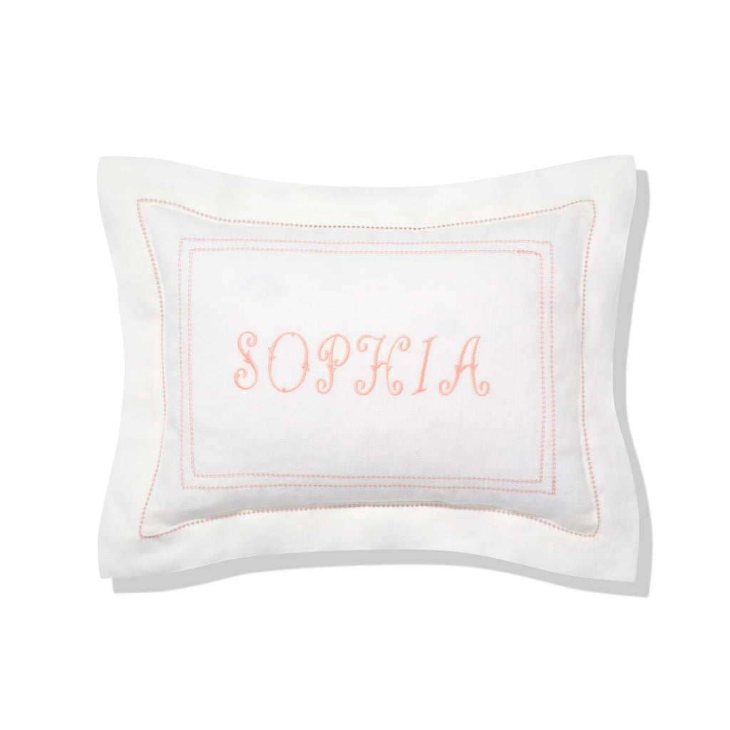 Elizaveta personalised boudoir pillow in coral hemstitch