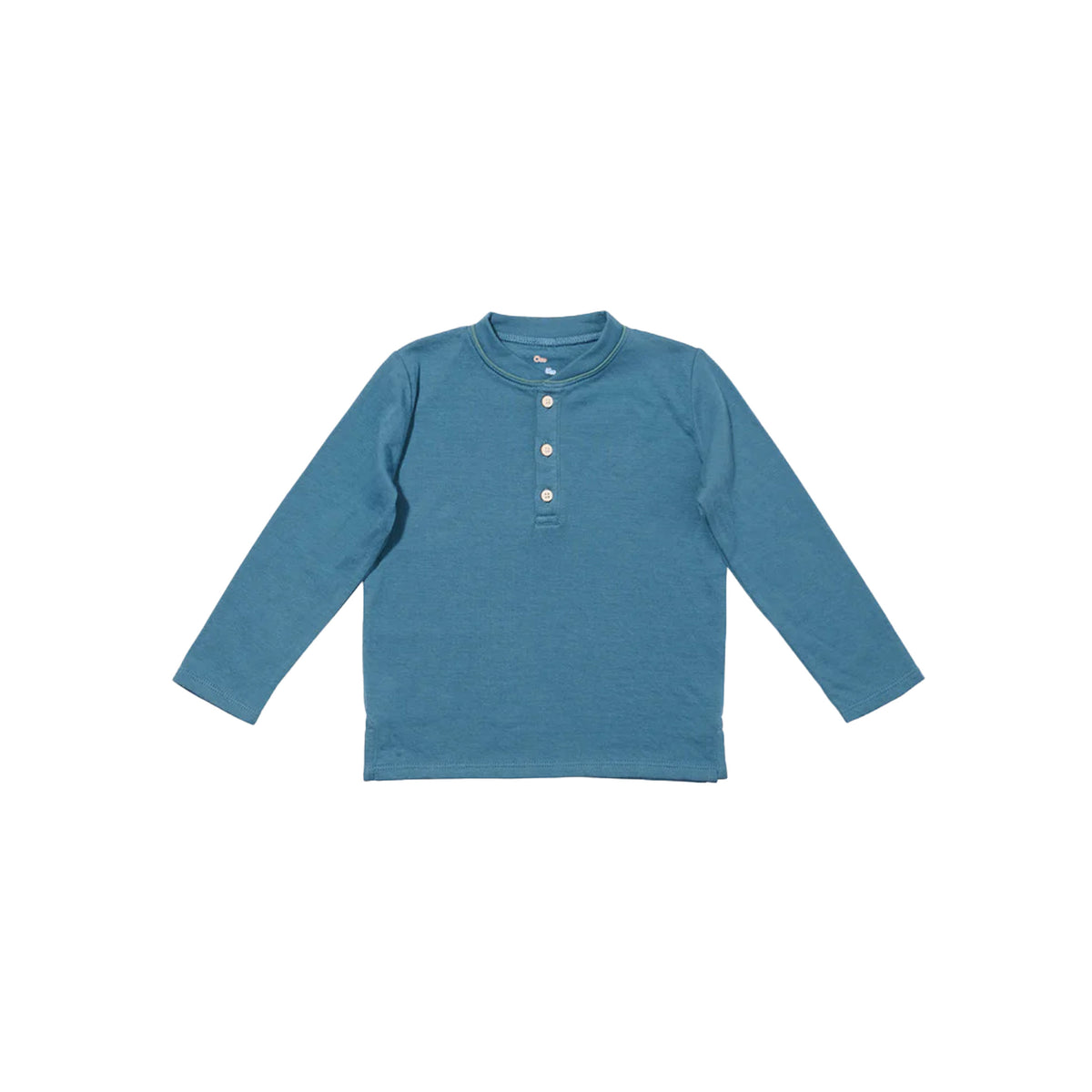 Front view of Henley T-Shirt in Petrol showcasing long sleeves and stacked buttons on a white background