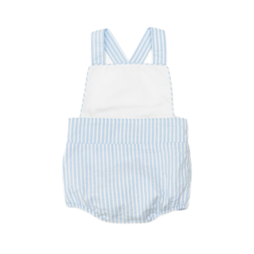 Henry Duvall Henry Sunsuit for baby boys in Seaside Stripe, a classic pale blue and white striped sunsuit with adjustable criss-cross straps